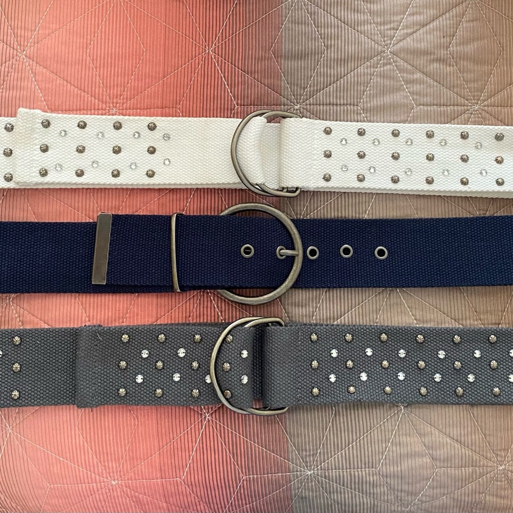 Set of 3 women’s cloth belts. 2 with beading, 1 without. Gray, white, navy blue.